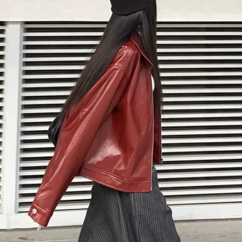 Retro red lapel leather jacket for women's early autumn new sweet and cool girl loose jacket top  winter coat women