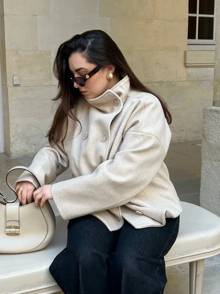 2025 Autumn Woolen Coats Women Casual Double Breasted Stand Collar Female Office Short Jackets Chic Lady Loose Street Outwear