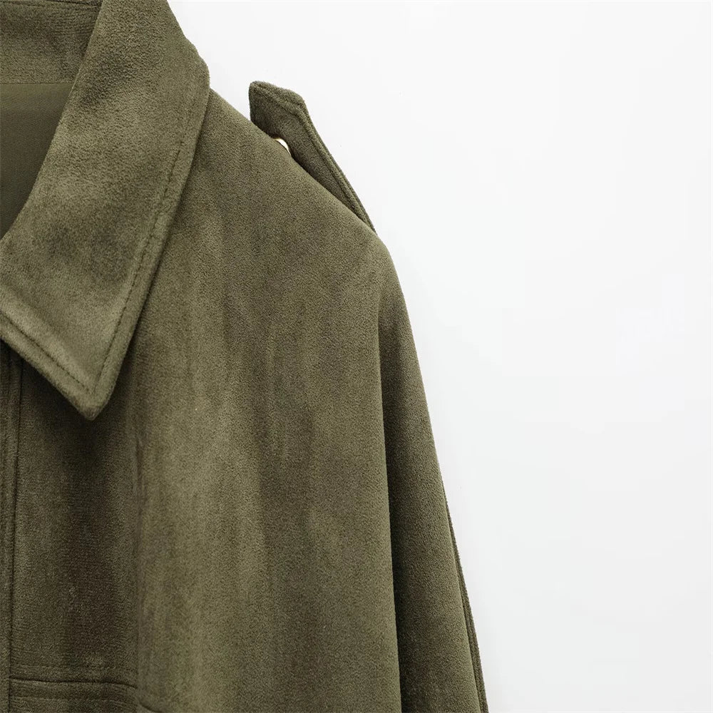 PB&ZA 2025 Women Faux Suede Collared Jacket with Shoulder Straps Loose