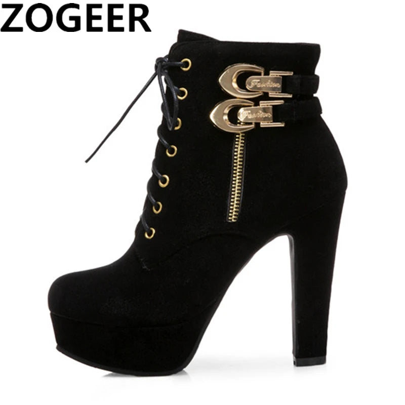 Fashion Women's Ankle Boots High Heeled Platform Short Boot Female Buckle Flock Zipper Gray Ladies Party Shoes Large Size 50 - Roberto Fashion House
