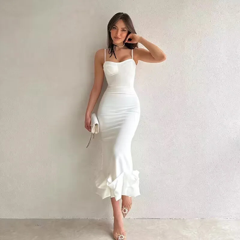 Sexy Sleeveless Backless Midi Dress Women  Summer Fashion Bodycon Elegant Ruffles Eged Birthday Party Club Pencil Dess - Roberto Fashion House