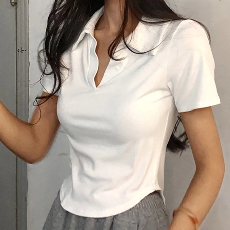 Summer Short Sleeve Lapel Top Women'S Solid V-Neck Pullovers Retro Sweet Shirts Hot Girl Crop Top Female Slim Versatile Tee - Roberto Fashion House