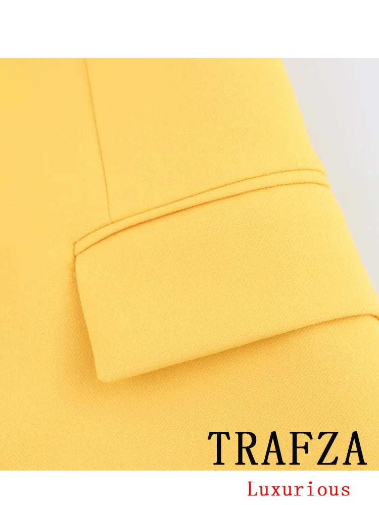 TRAFZA Vintage Office Lady Yellow Solid Suit V Neck Pockets Double Breasted Blazer Straight Loose Pants New Fashion 2025 Sets
