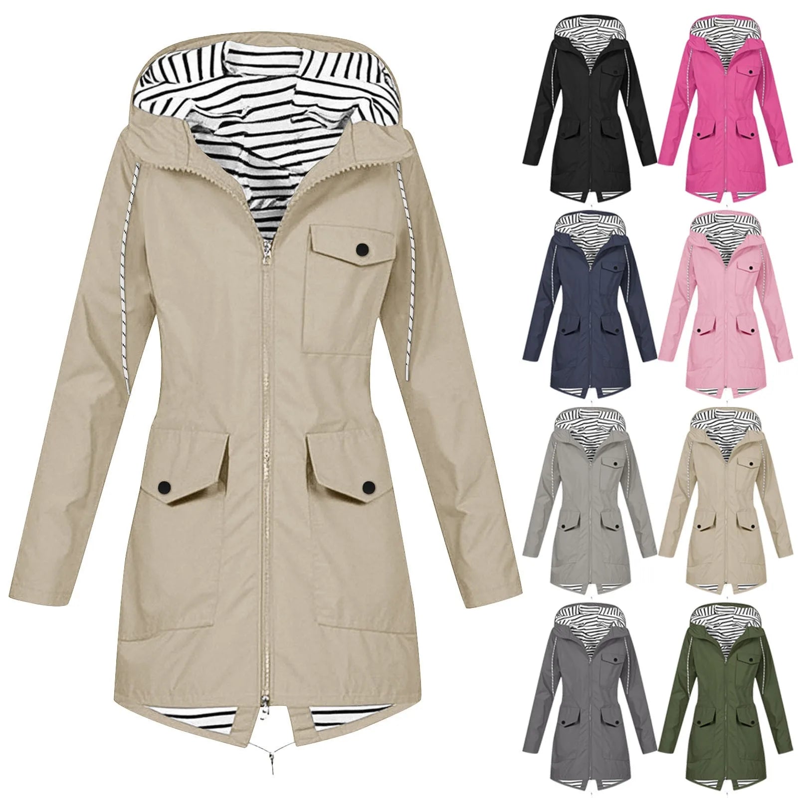 Women's Solid Color Rain Jacket Casual Windbreaker Outdoor Waterproof Hooded Raincoat Windproof Mountaineering Jacket Coats