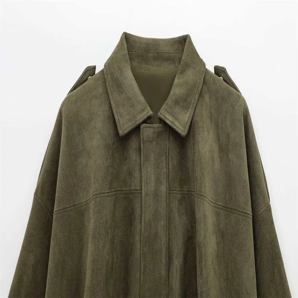 PB&ZA 2025 Women Faux Suede Collared Jacket with Shoulder Straps Loose