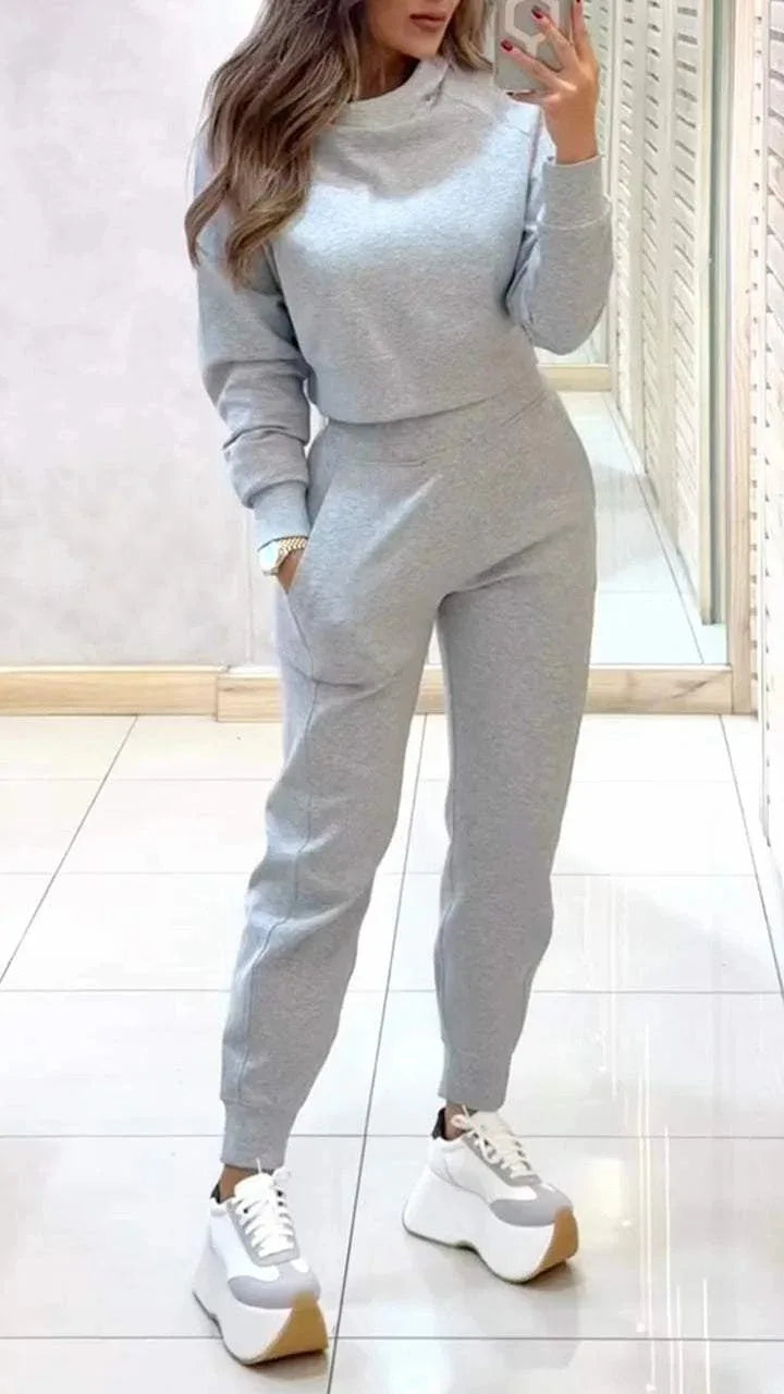 Women Elegant Autumn Solid Color Pants 2-piece Set Fashion Long-sleeved Half Turtleneck Short Top + Nine-point Slim Suit Female