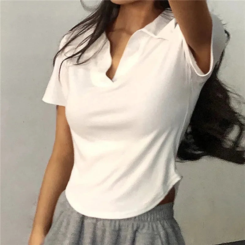 Summer Short Sleeve Lapel Top Women'S Solid V-Neck Pullovers Retro Sweet Shirts Hot Girl Crop Top Female Slim Versatile Tee - Roberto Fashion House