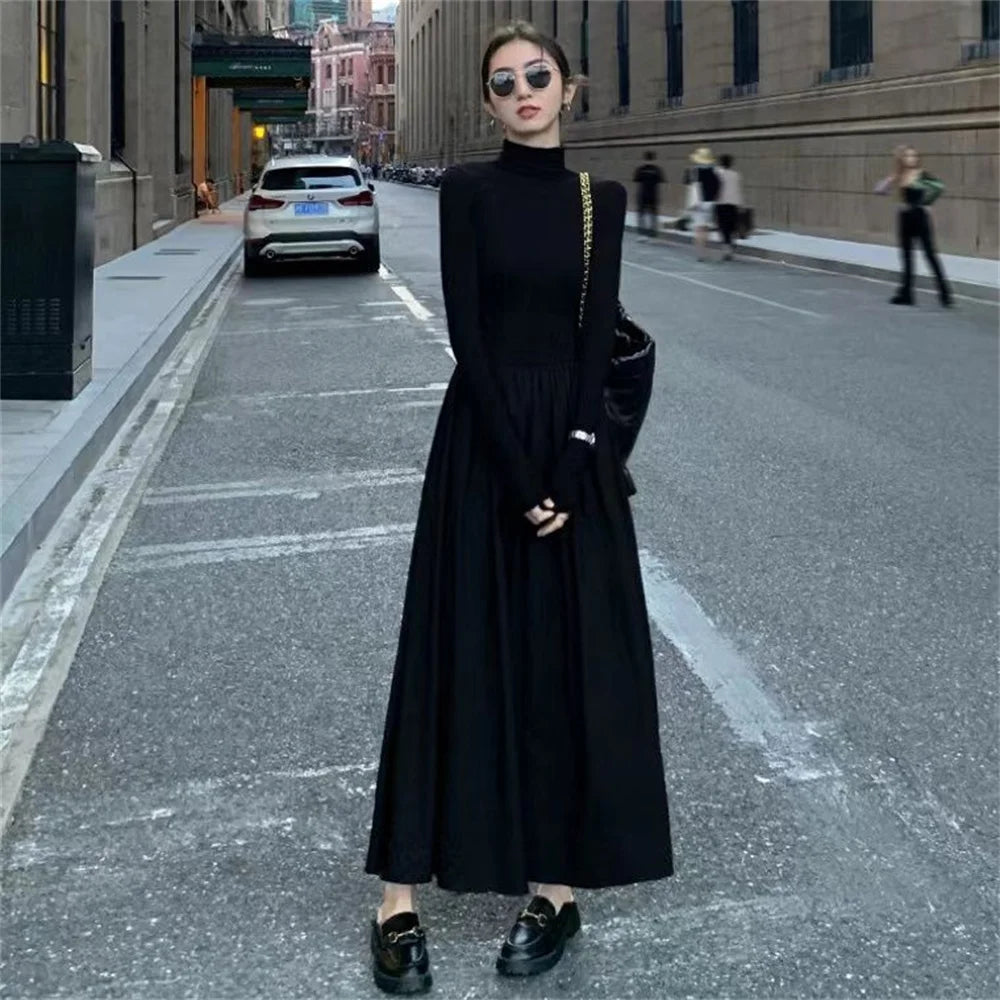 Women's Spring Autumn Simple Solid Color Half High Collar Long Sleeve Elegant Dress Women Clothes Fashion Vintage Long Dress