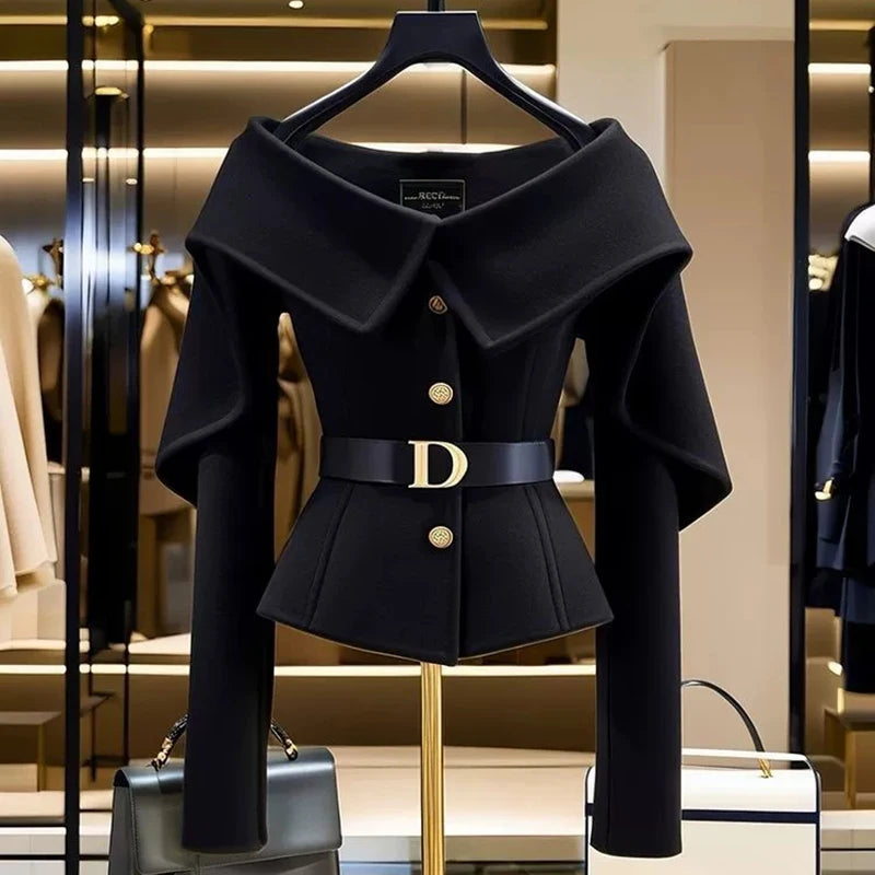 Chic Black Short Jacket Women's 2025 Autumn New Letter Belt Top Lady High-end Shoulder Outwear Single-breasted Clothing Coat Y2K
