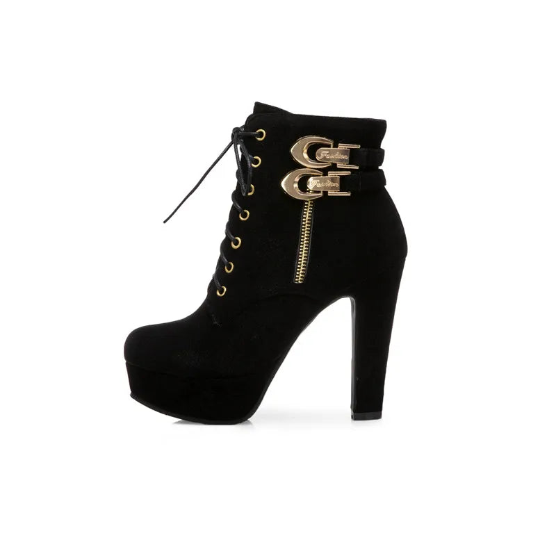 Fashion Women's Ankle Boots High Heeled Platform Short Boot Female Buckle Flock Zipper Gray Ladies Party Shoes Large Size 50 - Roberto Fashion House