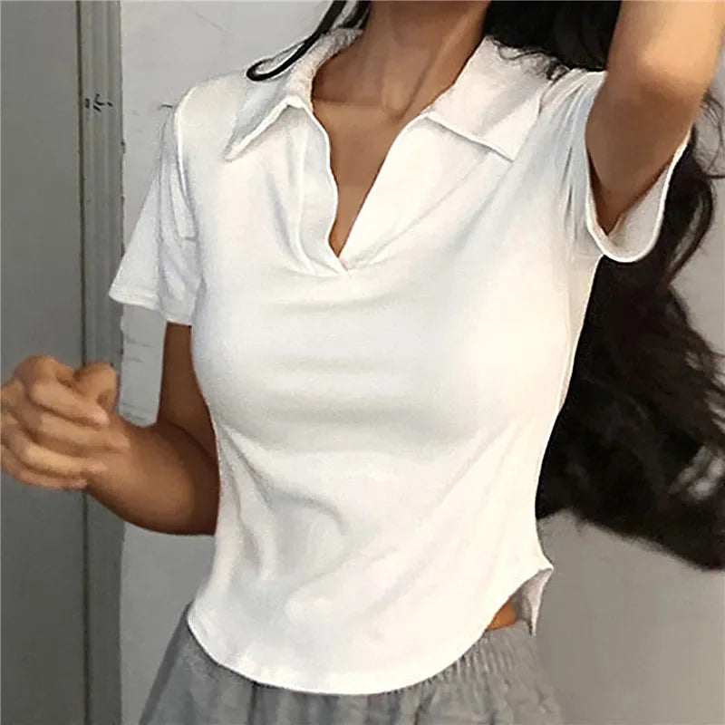 Summer Short Sleeve Lapel Top Women'S Solid V-Neck Pullovers Retro Sweet Shirts Hot Girl Crop Top Female Slim Versatile Tee - Roberto Fashion House