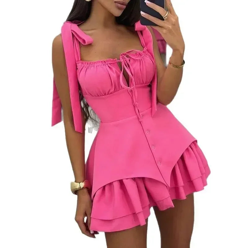 Women's Clothing 2025 Summer New Temperament Bow Lace-up Buckle Irregular Suspender Dress