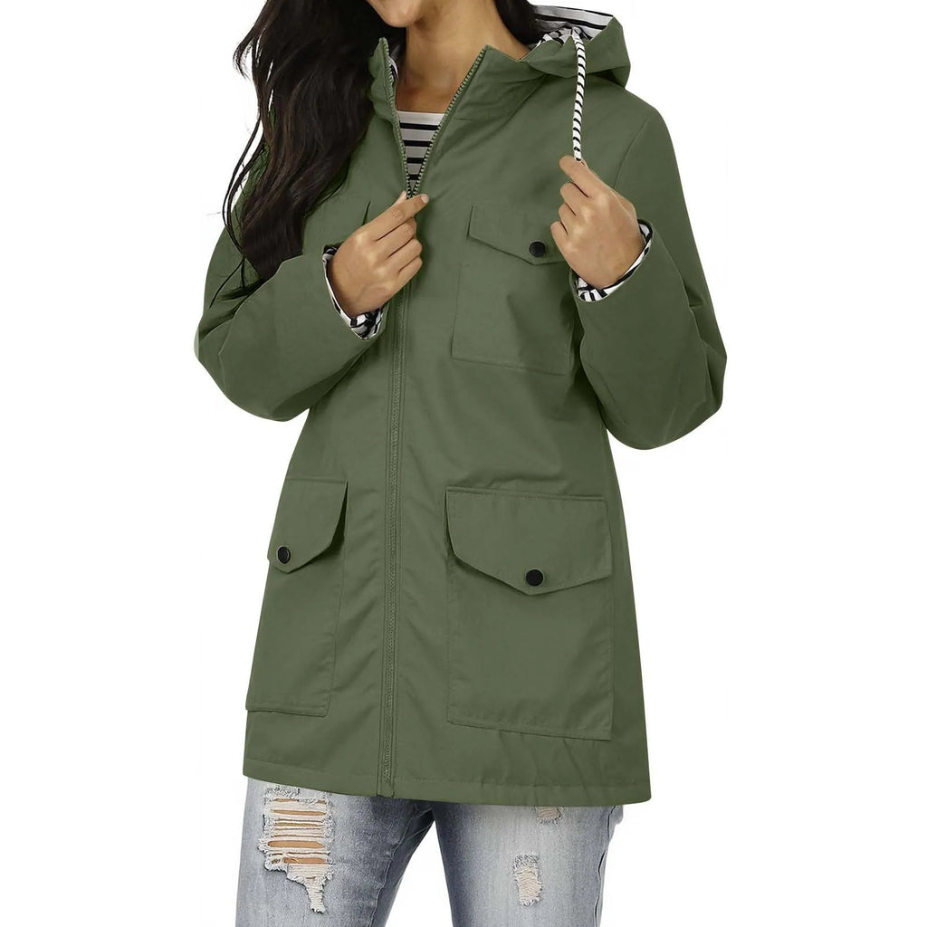 Women's Solid Color Rain Jacket Casual Windbreaker Outdoor Waterproof Hooded Raincoat Windproof Mountaineering Jacket Coats