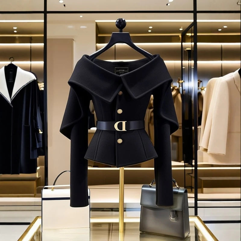 Chic Black Short Jacket Women's 2025 Autumn New Letter Belt Top Lady High-end Shoulder Outwear Single-breasted Clothing Coat Y2K
