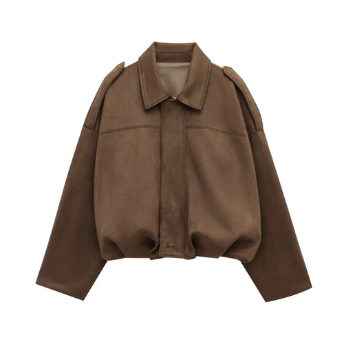 PB&ZA 2025 Women Faux Suede Collared Jacket with Shoulder Straps Loose