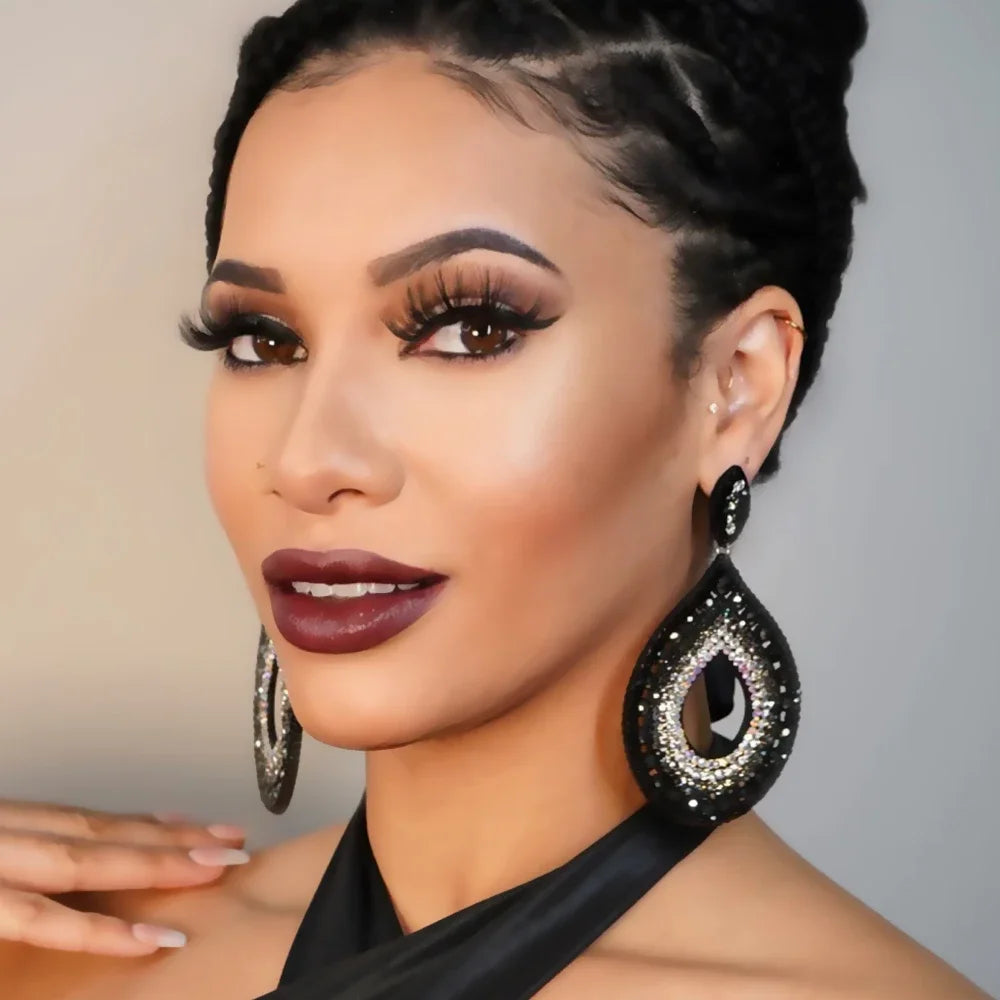 Statement Black Hoop Earrings with Crystals Exaggerated Rhinestone Water Drop Dangle Earrings Luxury Jewelry Accessories Brincos - Roberto Fashion House