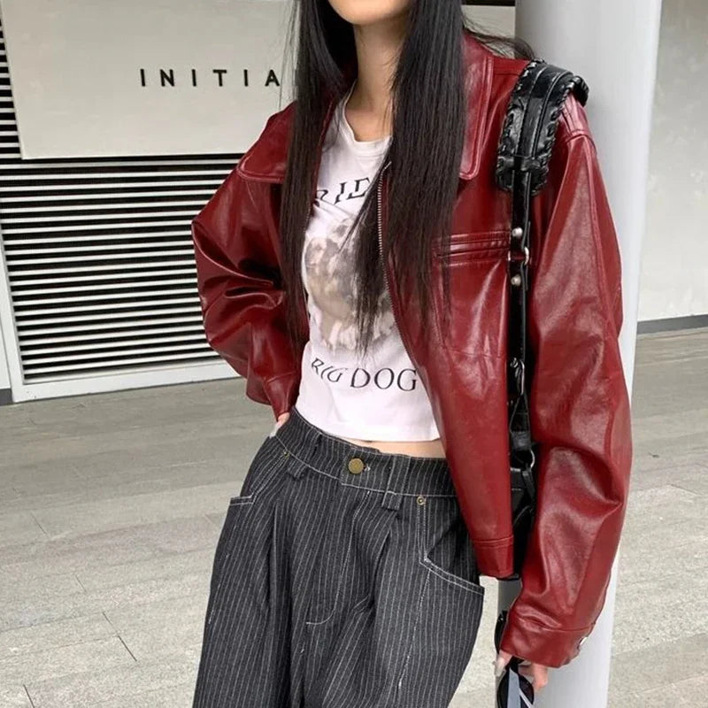 Retro red lapel leather jacket for women's early autumn new sweet and cool girl loose jacket top  winter coat women