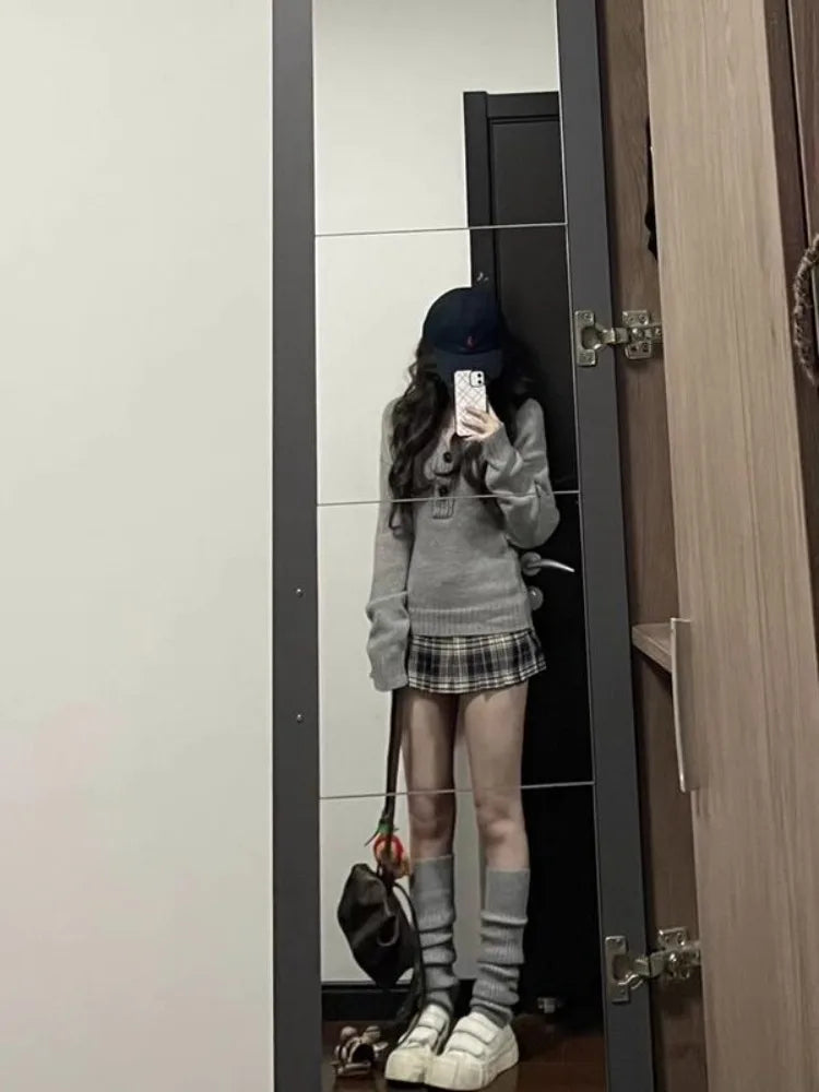 Y2k Gray Long Sleeve Sweaters Mujer 2025 Autumn Winter New Knitted Pullover Fashion Slim Fit Long Sleeve Top for Women