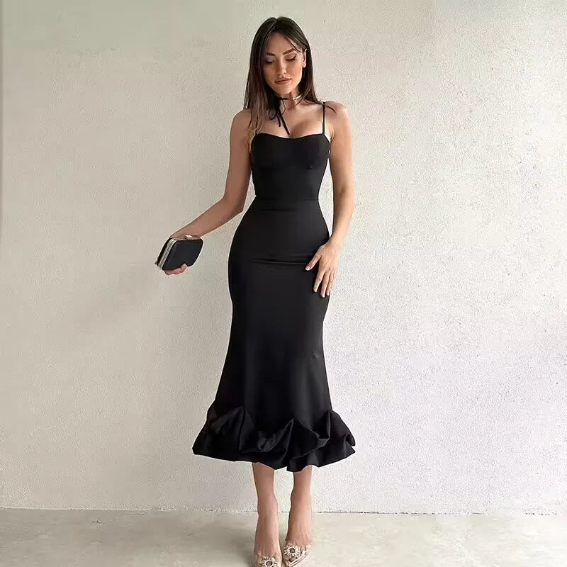 Sexy Sleeveless Backless Midi Dress Women  Summer Fashion Bodycon Elegant Ruffles Eged Birthday Party Club Pencil Dess - Roberto Fashion House