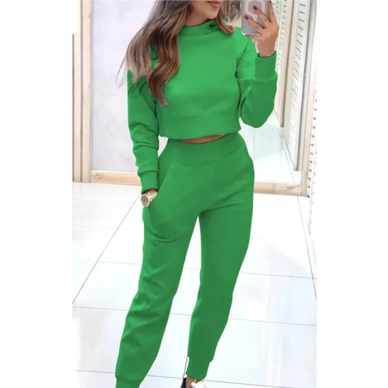 Women Elegant Autumn Solid Color Pants 2-piece Set Fashion Long-sleeved Half Turtleneck Short Top + Nine-point Slim Suit Female