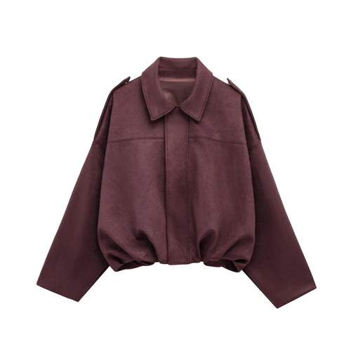 PB&ZA 2025 Women Faux Suede Collared Jacket with Shoulder Straps Loose
