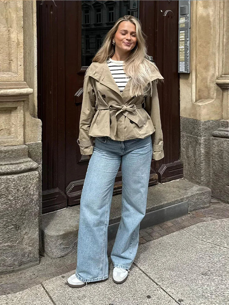 Belted Waist Cropped Trench Double Breasted Stand Collar 2025 Autumn Chic Elegant Women Coat Casual Vintage Office Lady Jacket