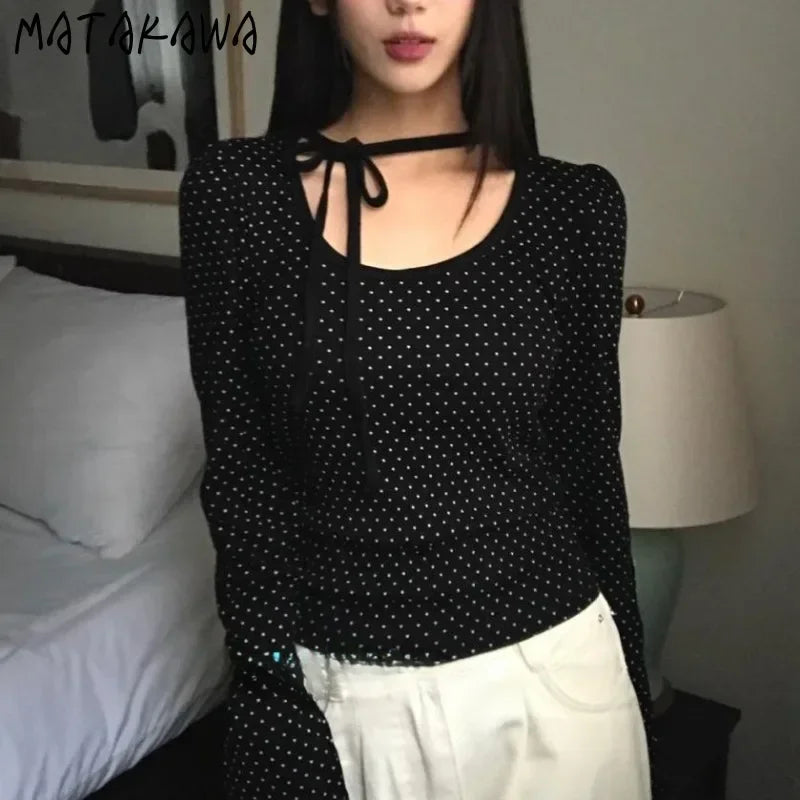 Matakawa Y2k Bandage T Shirt for Women Polka Dot Spring Autumn Korean Fashion Ropa De Mujer Sexy Vintage Slim Camisetas - Roberto Fashion House