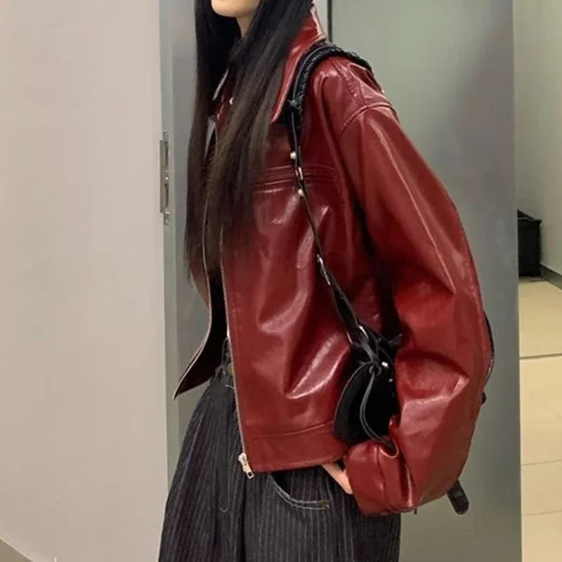 Retro red lapel leather jacket for women's early autumn new sweet and cool girl loose jacket top  winter coat women