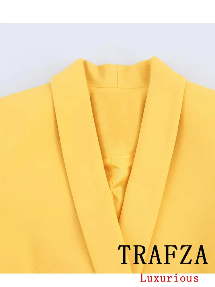 TRAFZA Vintage Office Lady Yellow Solid Suit V Neck Pockets Double Breasted Blazer Straight Loose Pants New Fashion 2025 Sets