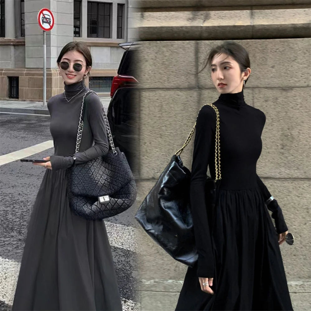 Women's Spring Autumn Simple Solid Color Half High Collar Long Sleeve Elegant Dress Women Clothes Fashion Vintage Long Dress