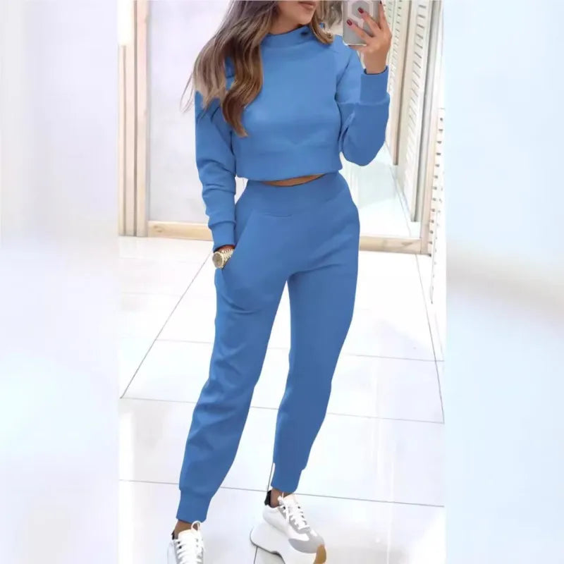 Women Elegant Autumn Solid Color Pants 2-piece Set Fashion Long-sleeved Half Turtleneck Short Top + Nine-point Slim Suit Female