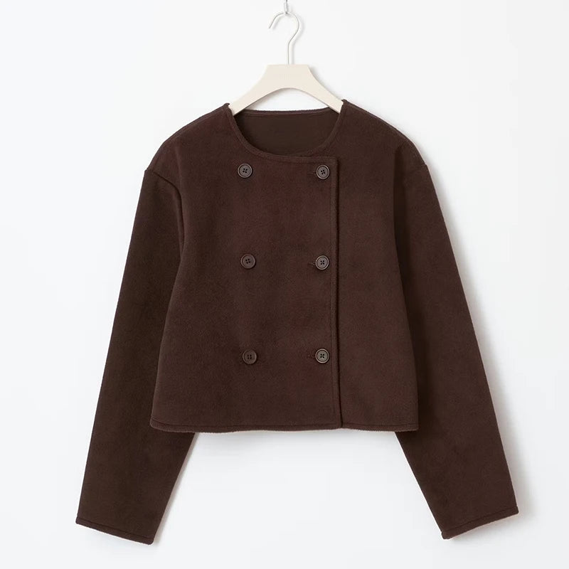 2025 Autumn Woolen Coats Women Casual Double Breasted Stand Collar Female Office Short Jackets Chic Lady Loose Street Outwear