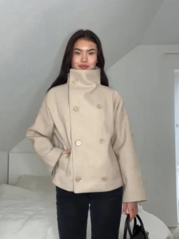 2025 Autumn Woolen Coats Women Casual Double Breasted Stand Collar Female Office Short Jackets Chic Lady Loose Street Outwear