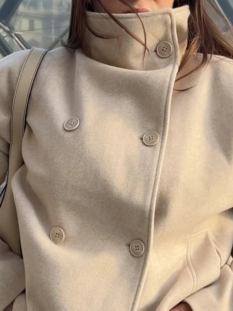 2025 Autumn Woolen Coats Women Casual Double Breasted Stand Collar Female Office Short Jackets Chic Lady Loose Street Outwear