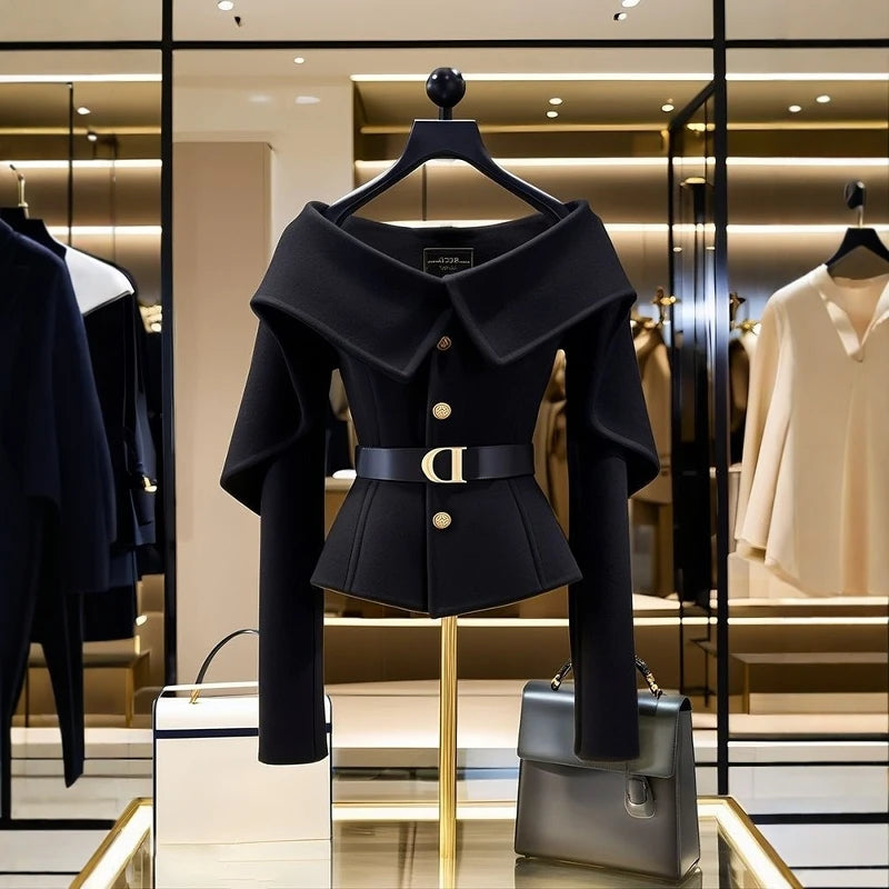Chic Black Short Jacket Women's 2025 Autumn New Letter Belt Top Lady High-end Shoulder Outwear Single-breasted Clothing Coat Y2K