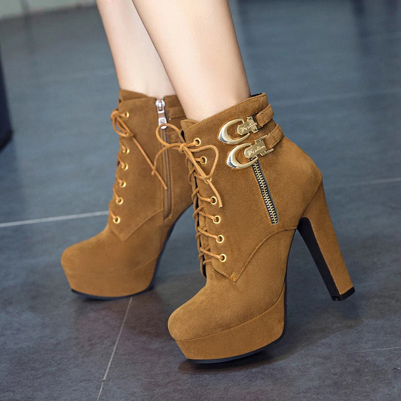 Fashion Women's Ankle Boots High Heeled Platform Short Boot Female Buckle Flock Zipper Gray Ladies Party Shoes Large Size 50 - Roberto Fashion House