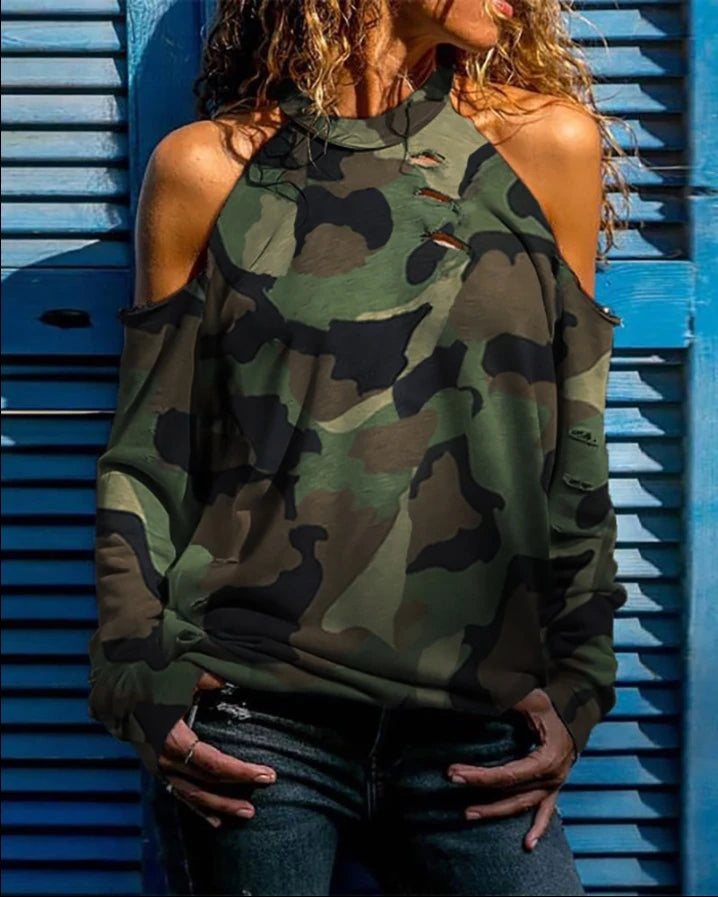 Tops Women 2022 Fashion Camouflage Cold Shoulder Long Sleeve Distress Design Casual OTTD Top Blouses Autumn All-Match Pullover
