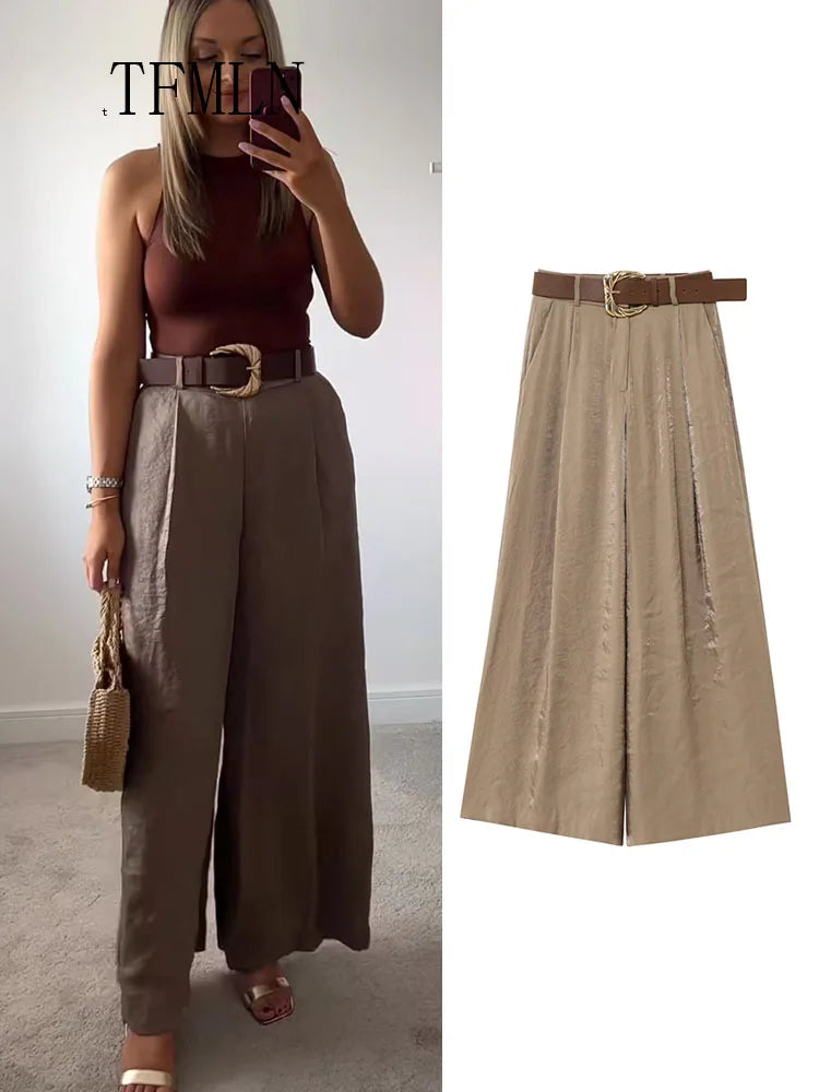 TFMLN Fashion Women Solid Wide Leg Pant With Belt 2025 Summer Chic Causal Zipper Full Trousers Simple Female High Street Pants