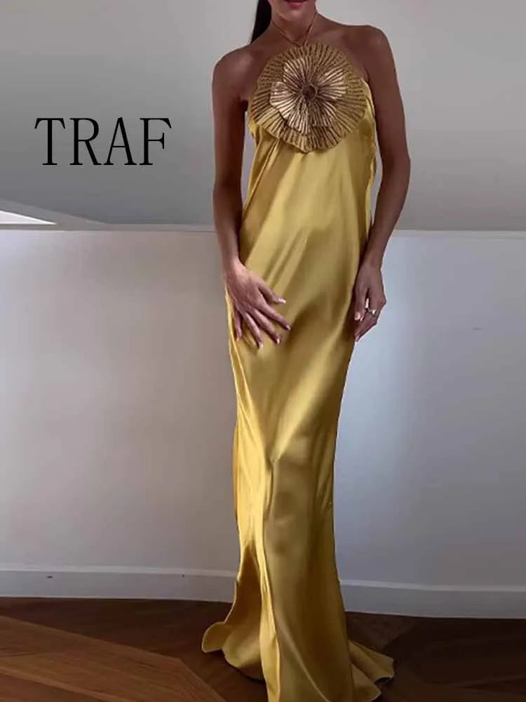 TRAF European and American style summer new design beaded three-dimensional flower decoration thin strap halter neck slim dress - Roberto Fashion House
