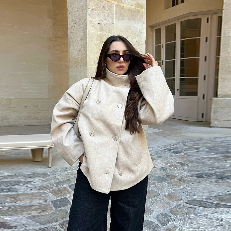 2025 Autumn Woolen Coats Women Casual Double Breasted Stand Collar Female Office Short Jackets Chic Lady Loose Street Outwear