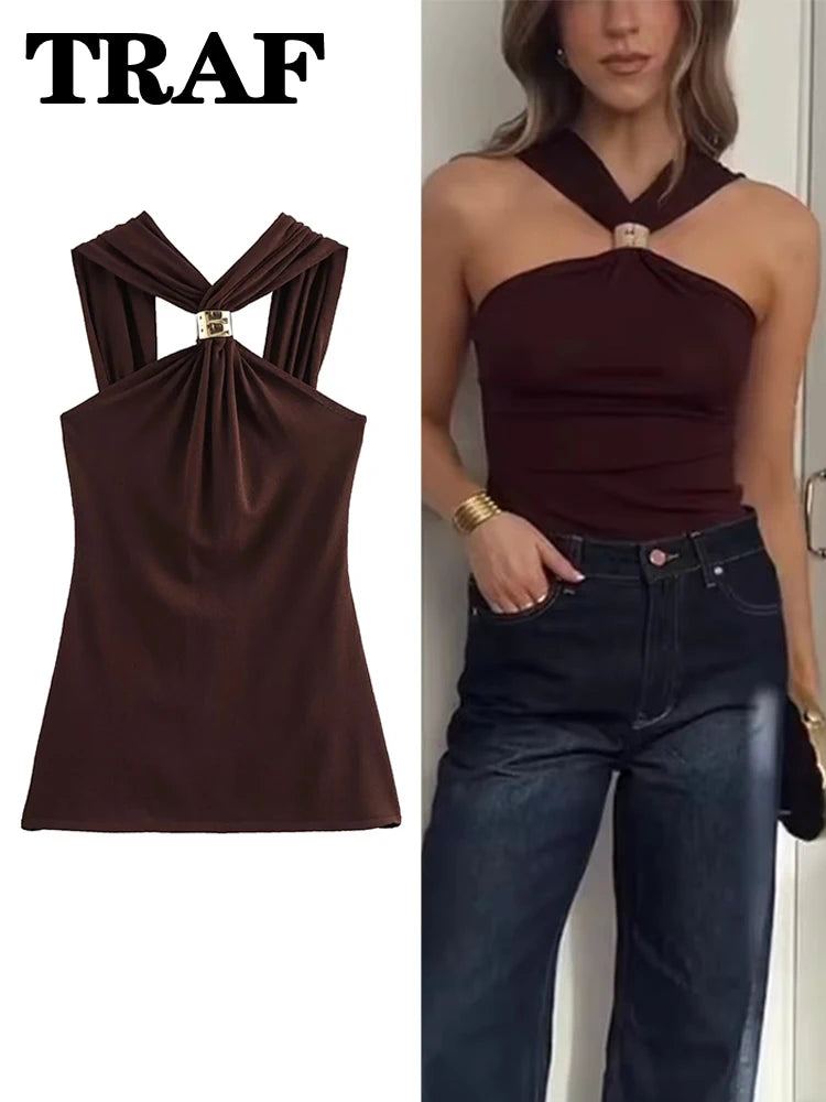 TRAF New Halter Tops Fashion Metal Decoration Crop Top Woman 2025 Sleeveless Hanging Collar Short Tops For Women Sexy Party Top - Roberto Fashion House