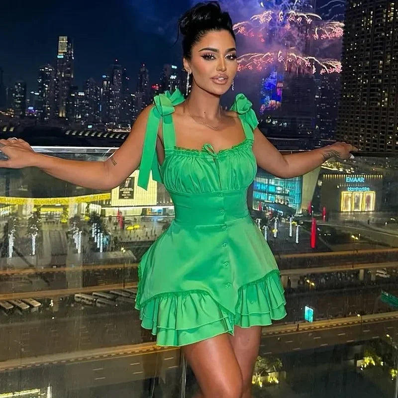 Women's Clothing 2025 Summer New Temperament Bow Lace-up Buckle Irregular Suspender Dress
