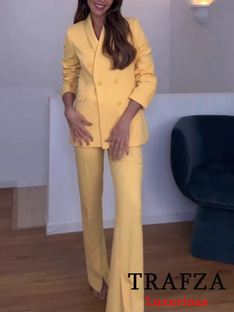 TRAFZA Vintage Office Lady Yellow Solid Suit V Neck Pockets Double Breasted Blazer Straight Loose Pants New Fashion 2025 Sets