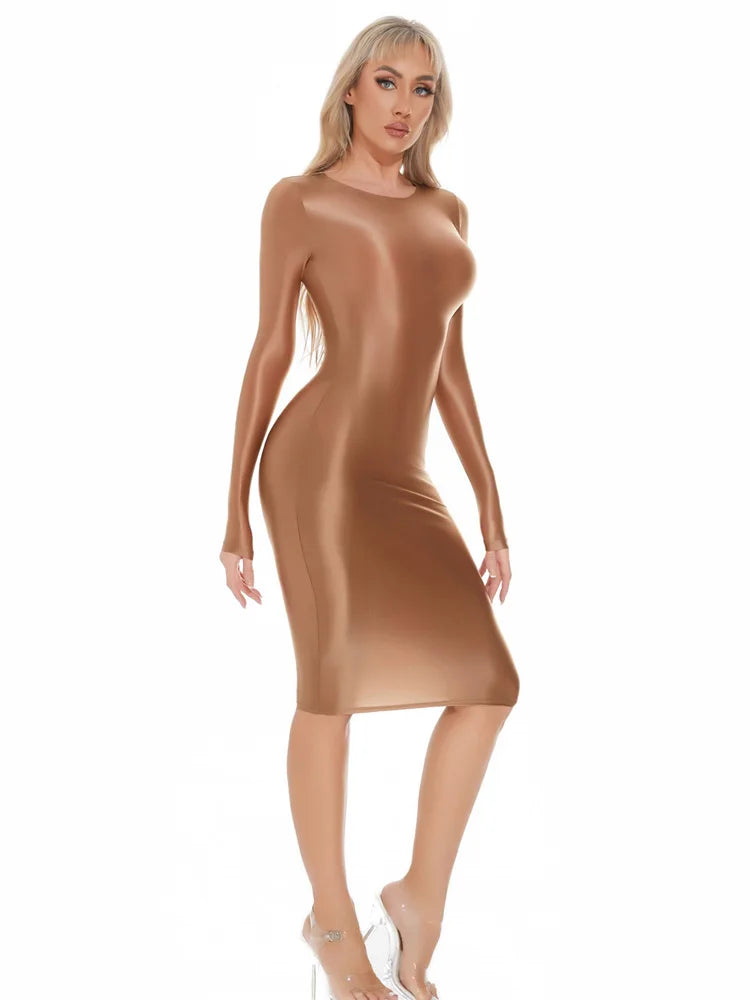 Sexy Women Oil Glossy Shiny Tight Pencil Dress Stain Smooth Bodycon Dress Elastic Push Up Packet Hip Stretch Step Dress - Roberto Fashion House