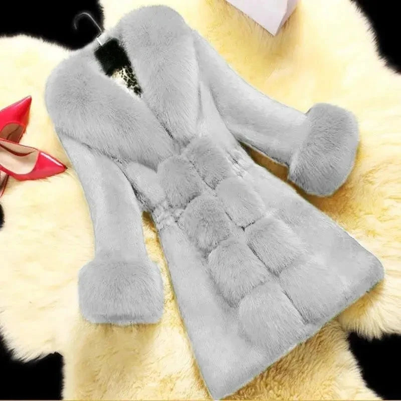 Korea Fashion Imitation Rabbit Hair Jacket Women's Elegant Fake Fur Coat Female Clothing Winter Slim Warm Mid-Long Overcoat