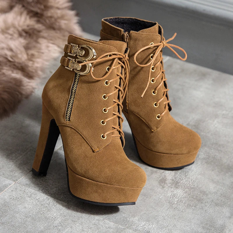 Fashion Women's Ankle Boots High Heeled Platform Short Boot Female Buckle Flock Zipper Gray Ladies Party Shoes Large Size 50 - Roberto Fashion House