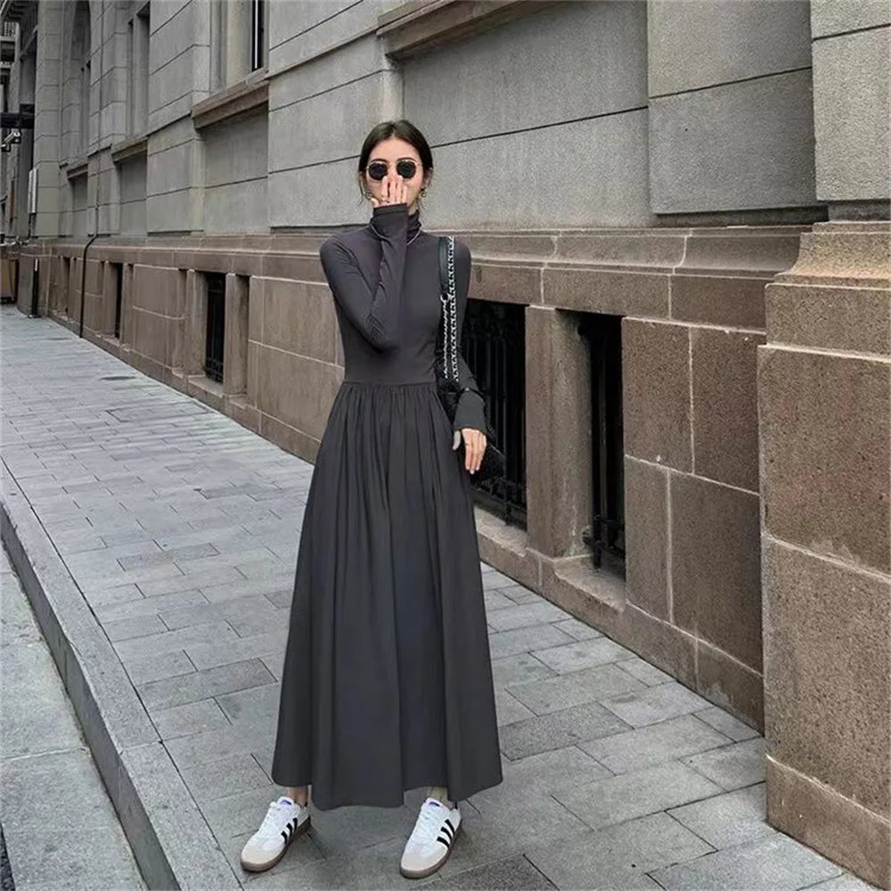 Women's Spring Autumn Simple Solid Color Half High Collar Long Sleeve Elegant Dress Women Clothes Fashion Vintage Long Dress