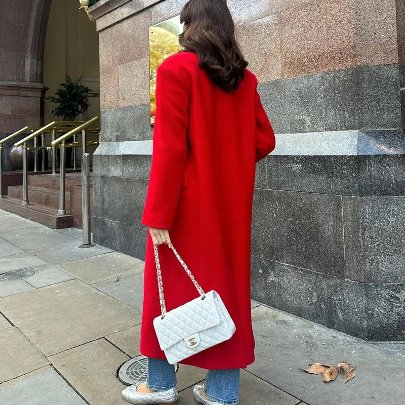TRAF Winter Coats Woman 2024 Red Long Coats For Women Autumn Faux Wool Coat Casual Long Sleeve Coat Elegant Women's Overcoat - Roberto Fashion House