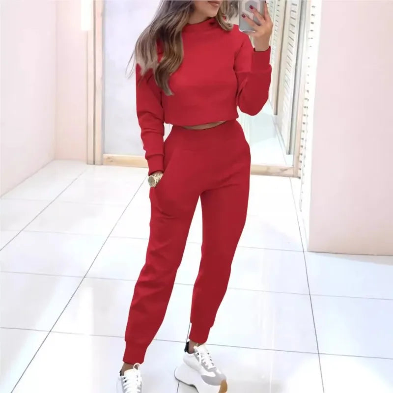 Women Elegant Autumn Solid Color Pants 2-piece Set Fashion Long-sleeved Half Turtleneck Short Top + Nine-point Slim Suit Female