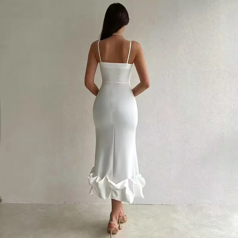 Sexy Sleeveless Backless Midi Dress Women  Summer Fashion Bodycon Elegant Ruffles Eged Birthday Party Club Pencil Dess - Roberto Fashion House
